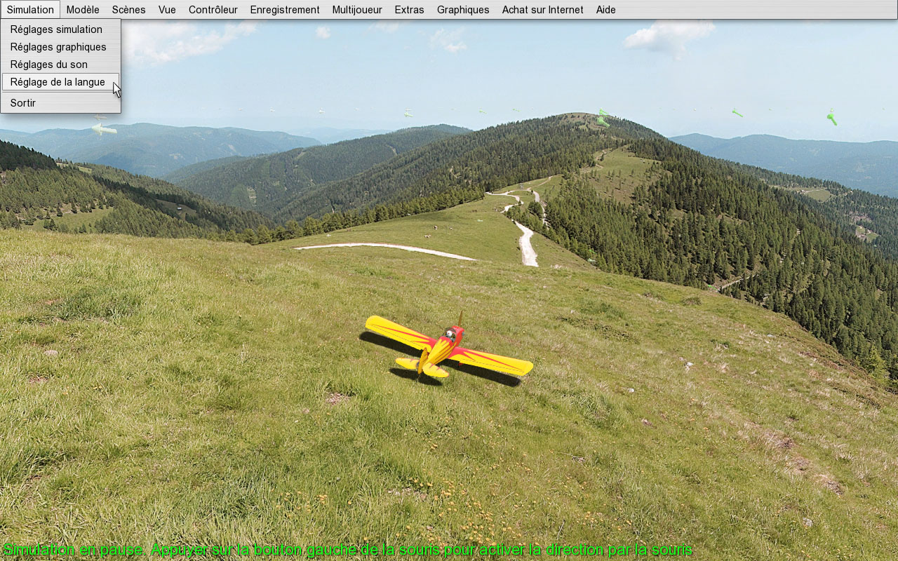 Copie d'écran menu Aerofly RC pour changer de langage